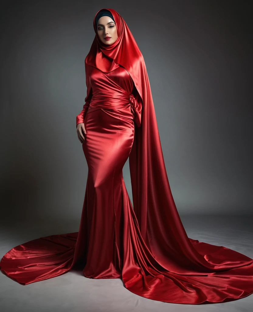 a sexy a woman covered in large red satin cloth, tied tightly with the satin cloth, mummified, the satin hanging down very long, a mermaid style dress, wearing a satin hijab, the satin cloth is very long, forming the curve of the body, flowy satin about 4 meter,full body,masterpice, 4k resolution, ultra-realistic, highly detail.