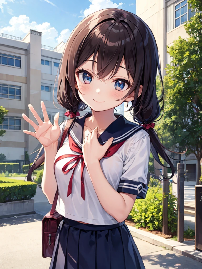 1girl, standing, (waving at the camera with left hand), (right hand on chest), (head tilt), smile, ****, 1girl, standing, gentle smile, ****, head tilt,
school building on the back,
4-story white school building, outdoor, tree on side, (low twintails girl), low pigtails, red ribbon on hair, very long black hair, white serafuku with blue ribbon, navy-blue collar, navy-blue skirt, (dark brown eye), 1 school bag on right shoulder, afternoon, summer, school, (from front:1.4), upper body, anime, high brightness, detailed face, detailed eyes, (high quality, ultra detailed, masterpiece, super detail, highres, anatomically correct, UDH), good hands, good fingers Japanese anime style, extremely cute, detailed fingers, detailed digit