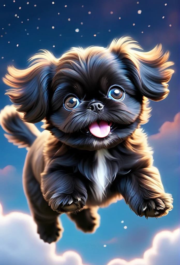 A cute black Shih Tzu puppy flying through the sky, playful and joyful, adorable puppy with fluffy fur, big blue eyes and happy expression, puppy soaring gracefully through the clouds, magical fantasy scene, vibrant colors, whimsical lighting, highly detailed, 8k, photorealistic, digital art