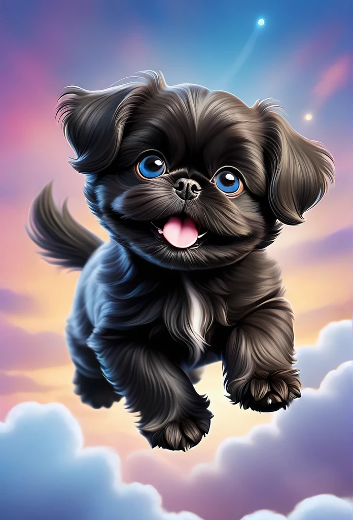 A cute black Shih Tzu puppy flying through the sky, playful and joyful, adorable puppy with fluffy fur, big blue eyes and happy expression, puppy soaring gracefully through the clouds, magical fantasy scene, vibrant colors, whimsical lighting, highly detailed, 8k, photorealistic, digital art