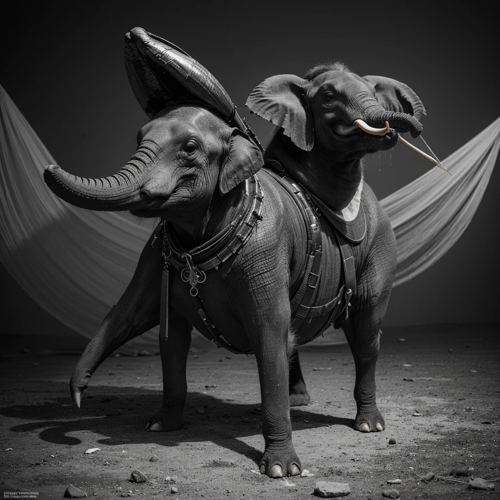 A captivating, high-contrast black and white photograph with striking red, green, and yellow accents. The image, captured by the talented André Uhlisch for National Geographic, features a vibrant, old fish with elephant legs, dressed in a glistening, elaborate costume. The fish is adorned with delicate fur arm prosthetics and dust leg prosthetics. In a post-apocalyptic style, the fish rides atop the head of a dog, adding an unexpected and surreal element to the composition.