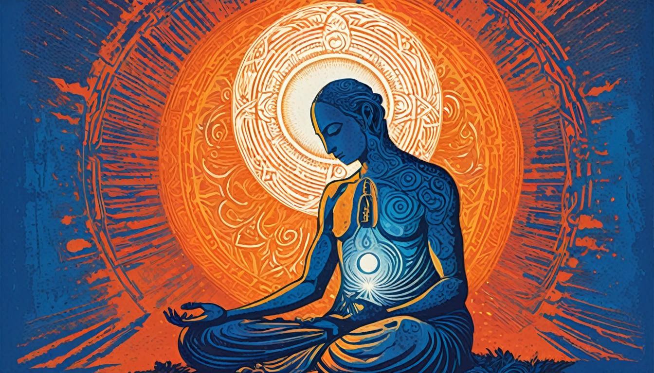 Create a woodcut style image digital art surreal art that depicts a mystical figure with divine characteristics,the figure can meditate,or pray to god, symbolizing control and harmony with the universe. Use a vibrant color palette, including blue, oranges and whites, to create heavenly contrast and a stunning visual effect
