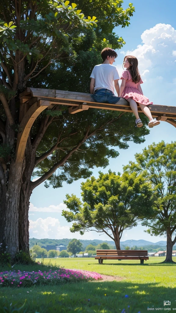 Create a cartoon image of a boy and girl in love. The boy should have short, spiky brown hair and be wearing a red t-shirt with blue jeans. The girl should have long, wavy blonde hair and be wearing a pink dress with white polka dots. They are holding hands and looking into each other’s eyes with smiles on their faces. The background should be a park with green grass, colorful flowers, and a clear blue sky with a few fluffy white clouds. Add a bench and a few trees in the background to enhance the setting. The overall style should be cute and vibrant, with expressive eyes and soft, warm colors to convey a romantic and cheerful atmosphere.