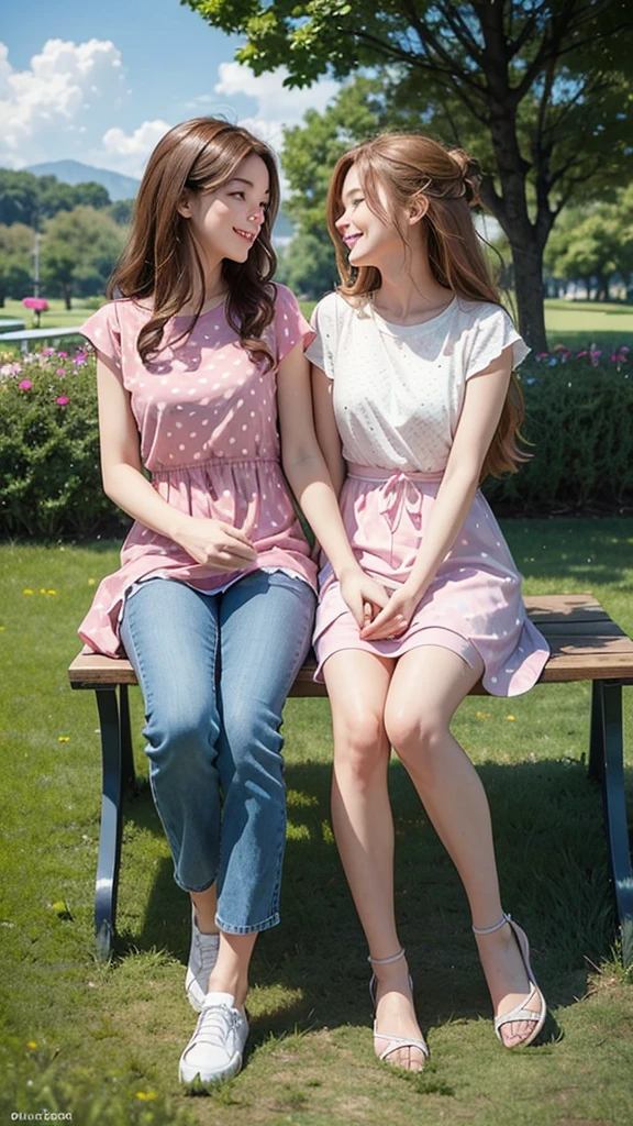 Create a cartoon image of a boy and girl in love. The boy should have short, spiky brown hair and be wearing a red t-shirt with blue jeans. The girl should have long, wavy blonde hair and be wearing a pink dress with white polka dots. They are holding hands and looking into each other’s eyes with smiles on their faces. The background should be a park with green grass, colorful flowers, and a clear blue sky with a few fluffy white clouds. Add a bench and a few trees in the background to enhance the setting. The overall style should be cute and vibrant, with expressive eyes and soft, warm colors to convey a romantic and cheerful atmosphere.