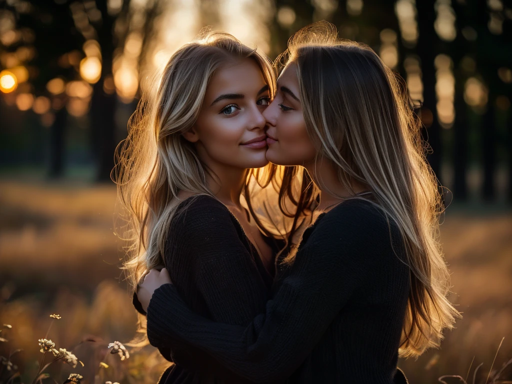 With a smile on her delicate face, a young, attractive woman with flowing blond hair. Her full eyes radiate curiosity, as if ready to immerse themselves in every moment of life. Looking at her, you'll notice those lips that invite you to kiss. They form a gentle arch, painted on the canvas of her face. They seem pleasantly warm, as if always ready for a tender embrace or an emotionally charged kiss. Observing her, you see how she plays with the light. The warmth of the setting sun emphasizes the subtle features of her face, making her even more dazzling. She is like a painting that captures attention, and her presence makes you want to freeze time to savor the moment, shimmering with the fullness of life.ultra high res.photo realistic: 1.4, UDH, 