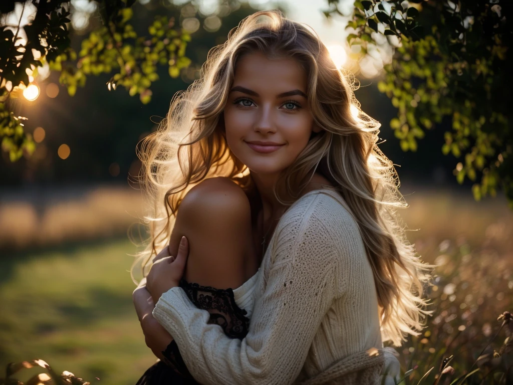 With a smile on her delicate face, a young, attractive woman with flowing blond hair. Her full eyes radiate curiosity, as if ready to immerse themselves in every moment of life. Looking at her, you'll notice those lips that invite you to kiss. They form a gentle arch, painted on the canvas of her face. They seem pleasantly warm, as if always ready for a tender embrace or an emotionally charged kiss. Observing her, you see how she plays with the light. The warmth of the setting sun emphasizes the subtle features of her face, making her even more dazzling. She is like a painting that captures attention, and her presence makes you want to freeze time to savor the moment, shimmering with the fullness of life.ultra high res.photo realistic: 1.4, UDH,