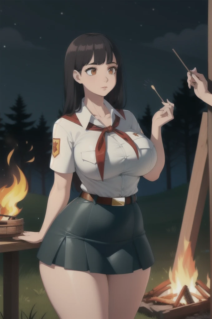 high quality, best quality, beautiful, perfect lighting, detailed face, ultra cute face, 1girl, solo, black hair, long hair, orange eyes, big breasts, large breats, huge breats, thick thighs, wind lift, outdoors, grass, field, forest, pioneer neckerchief, pioneer movement soviet pioneer, short skirt, blue skirt, bangs, shirt, collarbone, white shirt, short sleeves, collared shirt, belt, neckerchief, eyelashes, red neckerchief, pocket, breast pocket, night, forest, campfire,