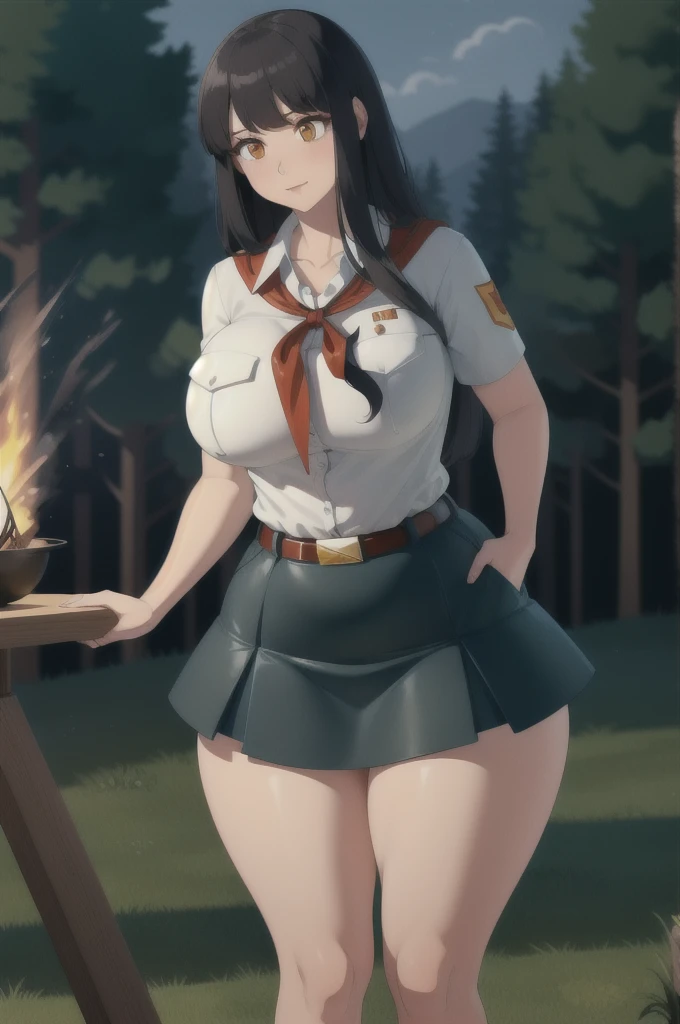 high quality, best quality, beautiful, perfect lighting, detailed face, ultra cute face, 1girl, solo, black hair, long hair, orange eyes, big breasts, large breats, huge breats, thick thighs, wind lift, outdoors, grass, field, forest, pioneer neckerchief, pioneer movement soviet pioneer, short skirt, blue skirt, bangs, shirt, collarbone, white shirt, short sleeves, collared shirt, belt, neckerchief, eyelashes, red neckerchief, pocket, breast pocket, night, forest, campfire,