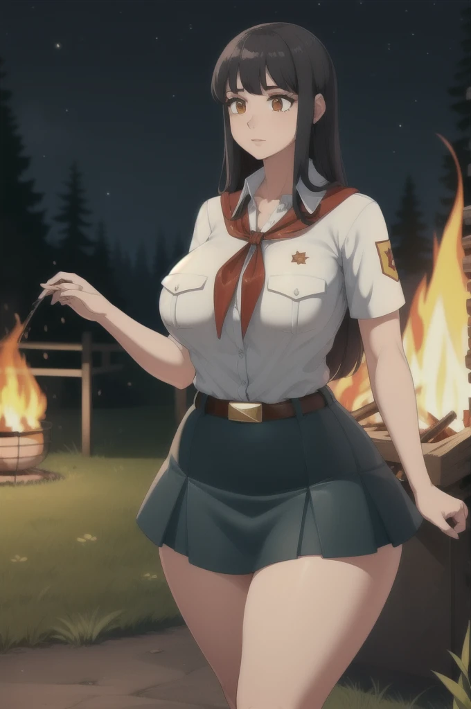 high quality, best quality, beautiful, perfect lighting, detailed face, ultra cute face, 1girl, solo, black hair, long hair, orange eyes, big breasts, large breats, huge breats, thick thighs, wind lift, outdoors, grass, field, forest, pioneer neckerchief, pioneer movement soviet pioneer, short skirt, blue skirt, bangs, shirt, collarbone, white shirt, short sleeves, collared shirt, belt, neckerchief, eyelashes, red neckerchief, pocket, breast pocket, night, forest, campfire,