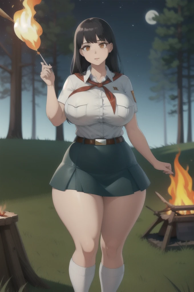 high quality, best quality, beautiful, perfect lighting, detailed face, ultra cute face, 1girl, solo, black hair, long hair, orange eyes, big breasts, large breats, huge breats, thick thighs, wind lift, outdoors, grass, field, forest, pioneer neckerchief, pioneer movement soviet pioneer, short skirt, blue skirt, bangs, shirt, collarbone, white shirt, short sleeves, collared shirt, belt, neckerchief, eyelashes, red neckerchief, pocket, breast pocket, night, forest, campfire,