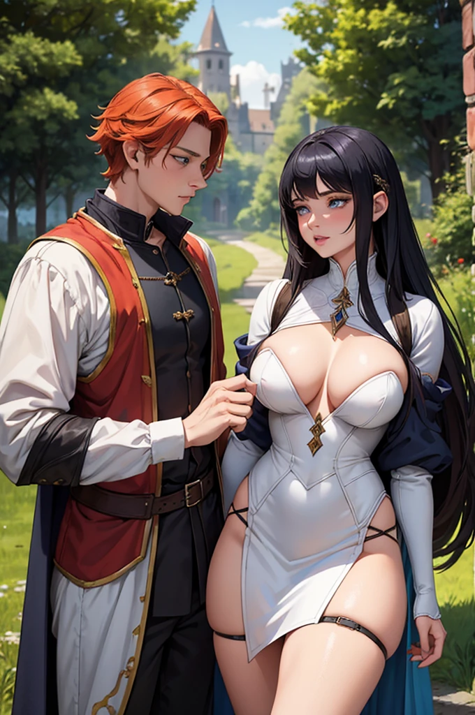 I need you to recreate an image 69 positions, of a heterosexual couple of medieval fantasy the characters are:Ledy Brittany Bracken, Features are, Young woman,18 years old, White skin, blue eyes, Long coppery orange hair,Boluctuous, big tits, flirtatious, undressing, erotic and sensual in front of Lord Benjicot Blackwood,Features are, a gentleman, 18 years old, black hair, blue eyes, white skin Caucasian, Wearing medieval lord clothing, in the familiar colors red and black, with the emblem of a white tree. Young couple, Forbidden love, rebellious agers, Romeo and Juliet style, inside a forest, on the banks of a river, making love, having intimacy, explicitly, doing 69 and in a passionate way. (FANTASY Medieval)
