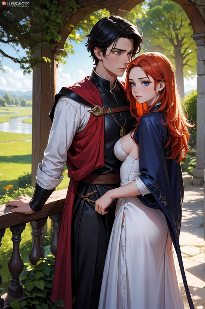 I need you to recreate an image 69 positions, of a heterosexual couple of medieval fantasy the characters are:Ledy Brittany Bracken, Features are, Young woman,18 years old, White skin, blue eyes, Long coppery orange hair,Boluctuous, big tits, flirtatious, undressing, erotic and sensual in front of Lord Benjicot Blackwood,Features are, a gentleman, 18 years old, black hair, blue eyes, white skin Caucasian, Wearing medieval lord clothing, in the familiar colors red and black, with the emblem of a white tree. Young couple, Forbidden love, rebellious agers, Romeo and Juliet style, inside a forest, on the banks of a river, making love, having intimacy, explicitly, doing 69 and in a passionate way. (FANTASY Medieval)