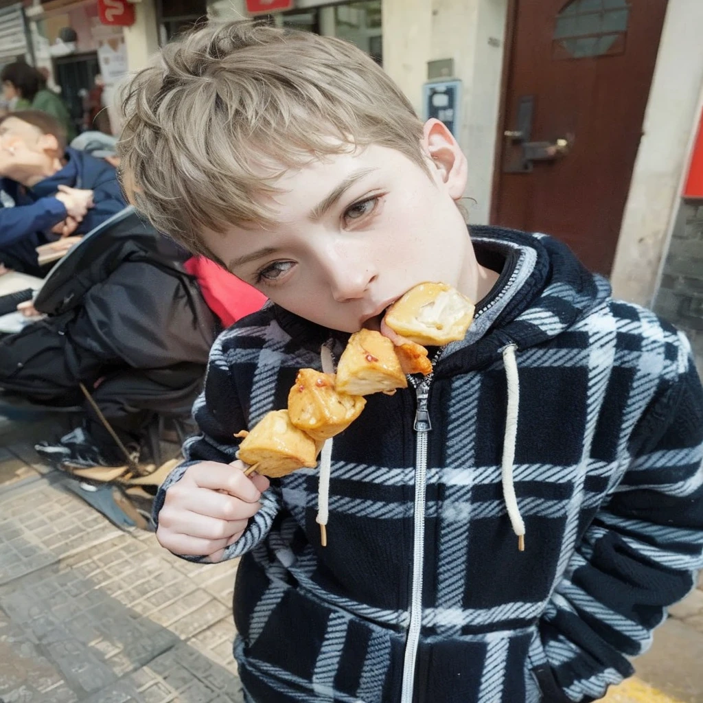 Boy eating skewers in Chinatown