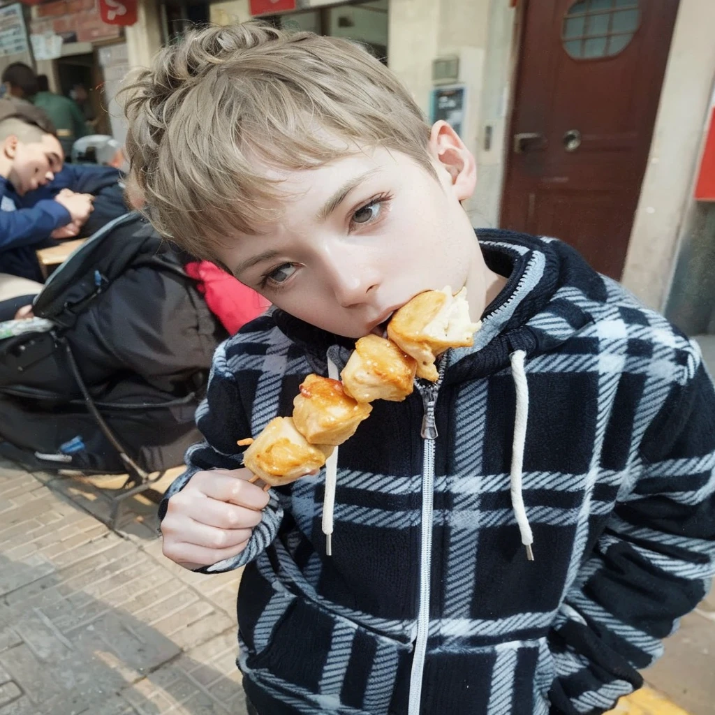 Boy eating skewers in Chinatown