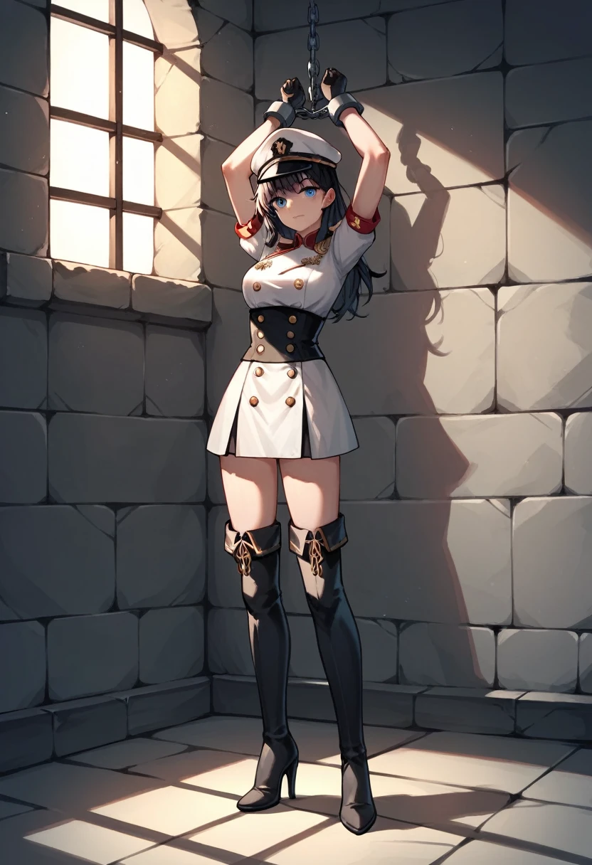 score_9, score_8_up, score_7_up, score_6_up, score_5_up, score_4_up, source_anime, 1girl,masterpiece, best quality:1.3), 1girl, black hair, blue eyes, white military uniform, white uniform,  hat,  gloves, black thigh high boots, heels, w-w-chain, shackles, raise arms, messy hair, dungeon, best quality, best res, 4K UHD,
 