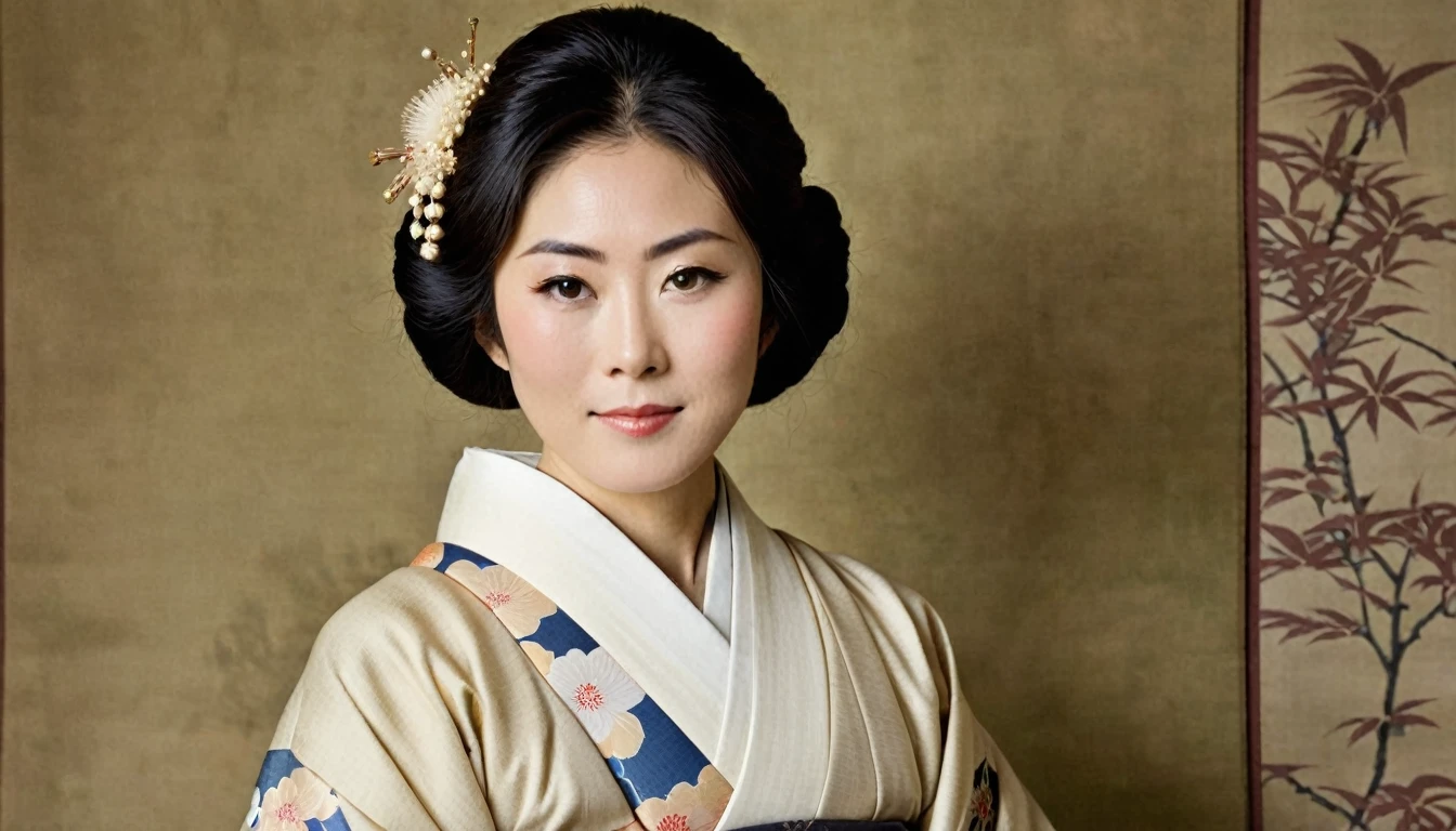 A historical-style portrait of Miyuki Ishikawa, dressed in early 20th-century Japanese attire, possibly with a background that suggests her affluent family.