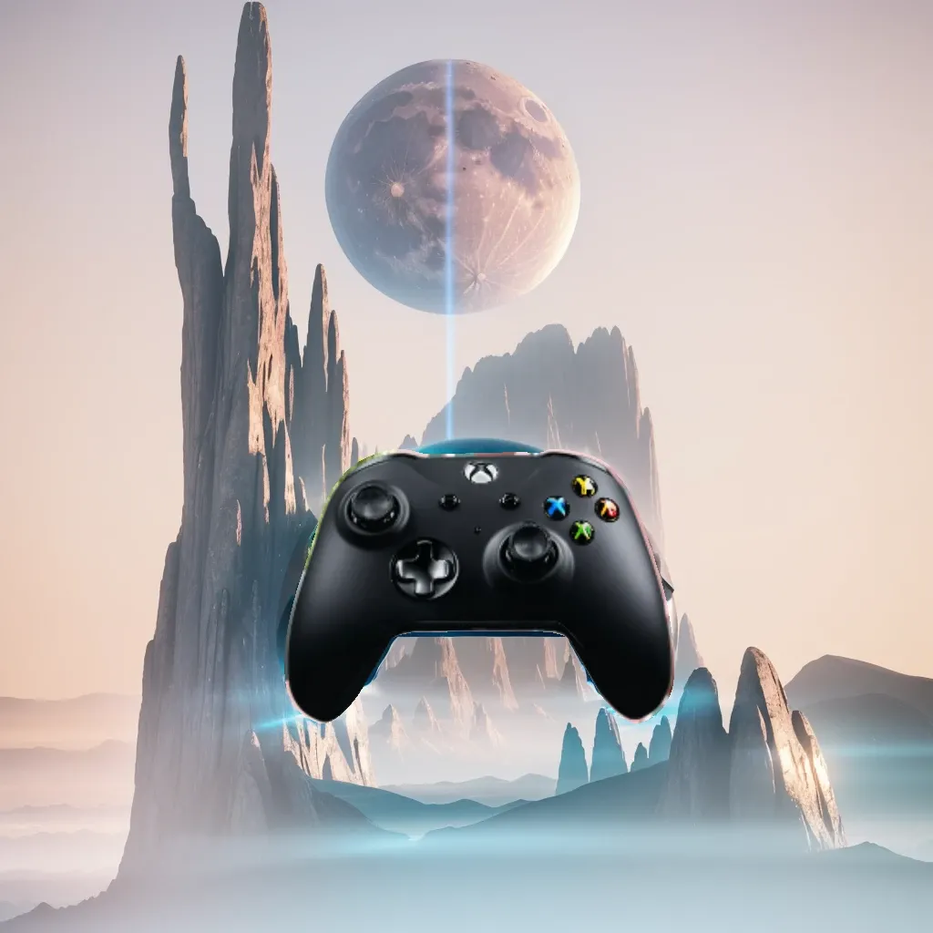 cinematic film still Cyber sci-fi style, close-up of a mountain in the distance with a blue moon in the background, stunning alien planet landscape, black rocks with a glowing black mechanical platform on the ground, surreal 3d landscape style, rendered in cinema4d style, minimalist stage design, layered surface