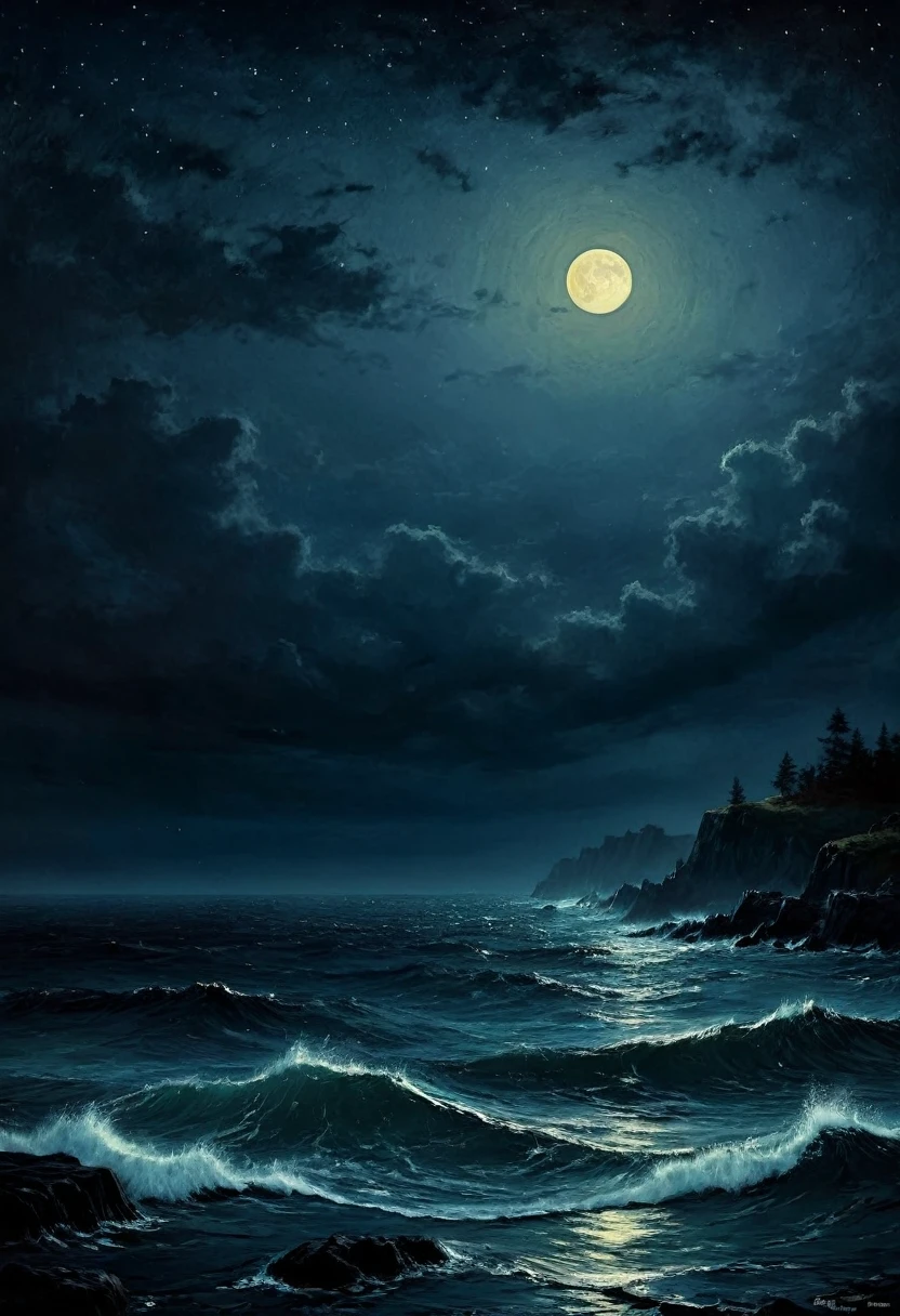 Sea , digital painting, high quality the darkest longest night of the year, style of Ralph Blakelock, Ed Emshwiller, Marianna Rothen, Arthur Rackham, Niko Anttila