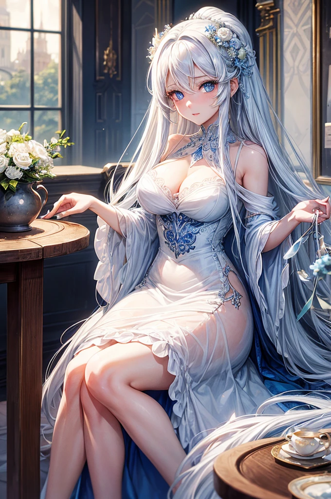 A beautiful woman with long white hair, gorgeous blue eyes, Ultra HD (ultra detail) looking at the viewer wearing a pretty dress with a neckline, drinking tea on a table, high resolution, soft focus