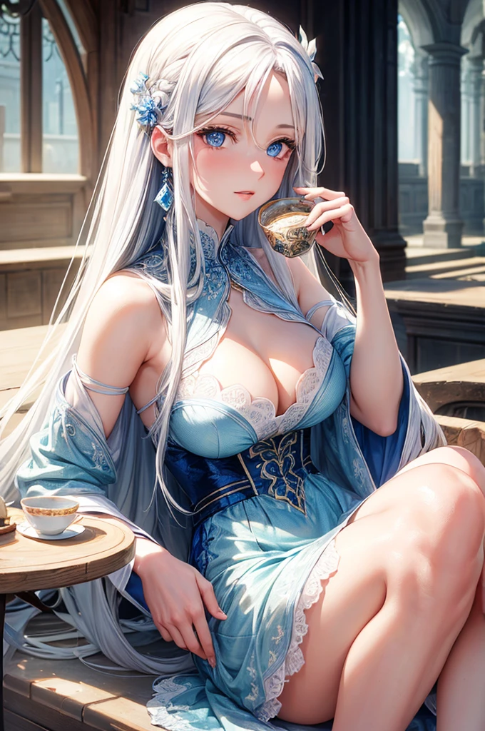 A beautiful woman with long white hair, gorgeous blue eyes, Ultra HD (ultra detail) looking at the viewer wearing a pretty dress with a neckline, drinking tea on a table, high resolution, soft focus