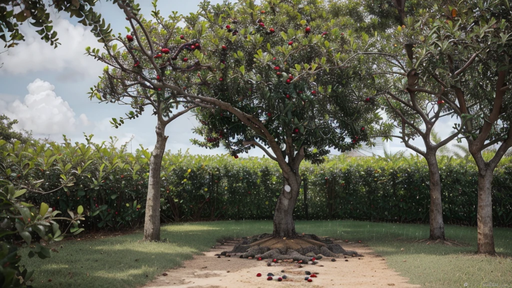 Create the image of manchineel tree with ‘ CAUTION
MANCHINEEL TREE
DO NOT EAT OR HANDLE,
NOR SHELTER WHEN
RAINING. BERRIES CAN
BE POISONOUS’ notice attached to it