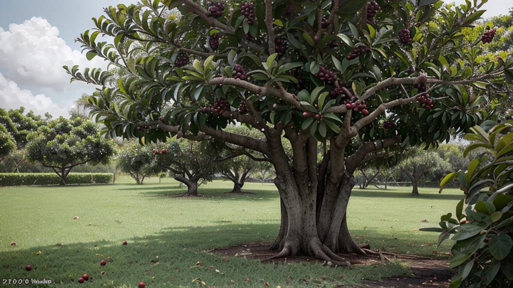 Create the image of manchineel tree with ‘ CAUTION
MANCHINEEL TREE
DO NOT EAT OR HANDLE,
NOR SHELTER WHEN
RAINING. BERRIES CAN
BE POISONOUS’ notice attached to it