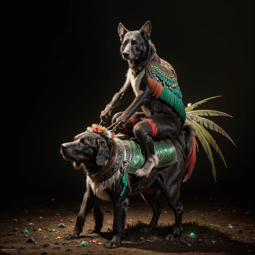 Fine Art, black-white-red-green, high contrast, National Geographic Foto: André Uhlisch - Art, , digital painting of a colorful old bird with glowing legs, in a glittering dress and delicately arranged furry arms and dusty legs,riding on the head of a dog . recorded in the style of post-apocalyptic Fu