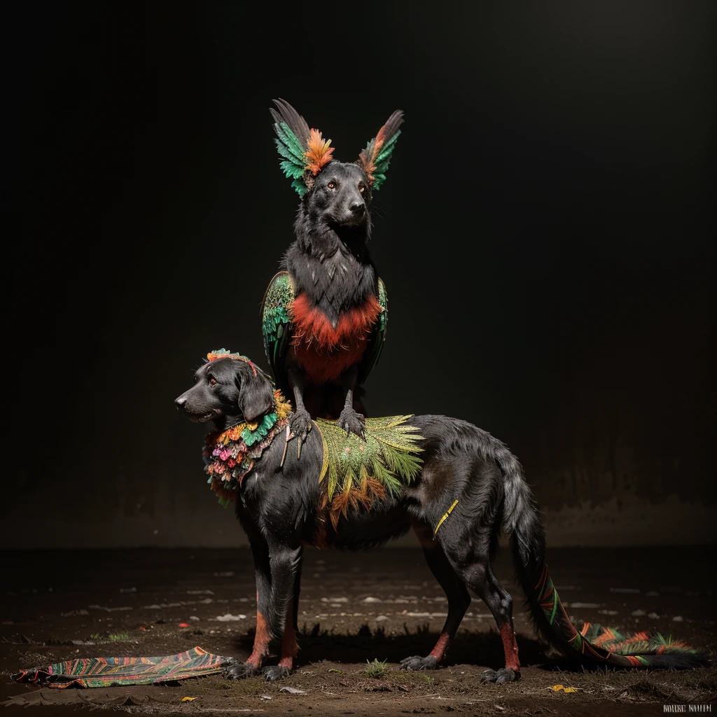 Fine Art, black-white-red-green, high contrast, National Geographic Foto: André Uhlisch - Art, , digital painting of a colorful old bird with glowing legs, in a glittering dress and delicately arranged furry arms and dusty legs,riding on the head of a dog . recorded in the style of post-apocalyptic Fu