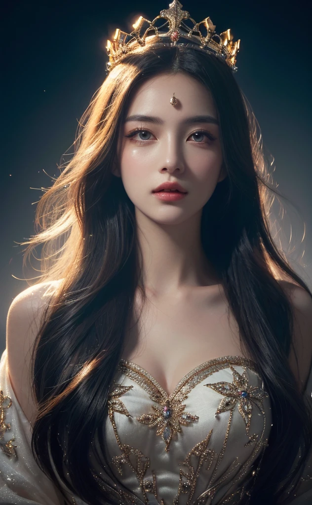 a close up of a woman with a floating crown on her head, portrait knights of zodiac girl, extremely detailed face and eyes, beautiful detailed lips, longeyelashes, intricate detailed crown, elegant portrait, fantasy, cinematic lighting, dramatic lighting, chiaroscuro, rich colors, vibrant colors, ethereal, magical, mystical