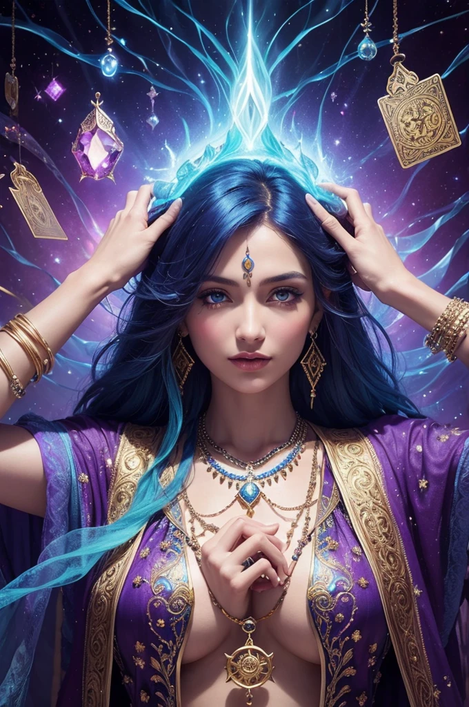 "Create a vibrant, hyperrealistic image of a Gypsy Tarot deck. The image should incorporate mystical and symbolic elements associated with the Gypsy Deck and Tarot, such as cards, crystals, and esoteric symbols. Use a color palette that evokes transformation and renewal, such as tones of purple, blue and gold. The composition should convey a feeling of openness to new opportunities and the positive energy of a new beginning."