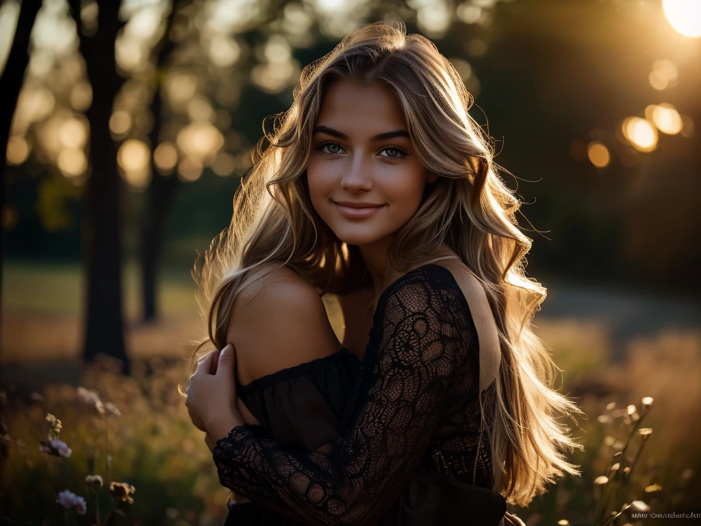 With a smile on her delicate face, a young, attractive woman with flowing blond hair. Her full eyes radiate curiosity, as if ready to immerse themselves in every moment of life. Looking at her, you'll notice those lips that invite you to kiss. They form a gentle arch, painted on the canvas of her face. They seem pleasantly warm, as if always ready for a tender embrace or an emotionally charged kiss. Observing her, you see how she plays with the light. The warmth of the setting sun emphasizes the subtle features of her face, making her even more dazzling. She is like a painting that captures attention, and her presence makes you want to freeze time to savor the moment, shimmering with the fullness of life.ultra high res.photo realistic: 1.4, UDH, 