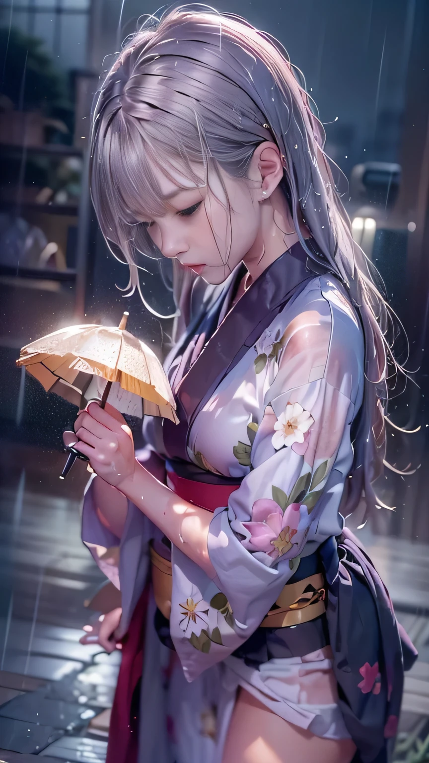 (RAW shooting:1.5, Photorealistic, 8k, Highest quality, masterpiece, Ultra-high resolution), ((Summer Night Rain)), Perfect dynamic composition:1.2, (Shrine at night in a modern city, Expressions of sadness:0.9, Tears flow:0.9, Crying with a broken heart:0.9), Highly detailed skin and facial textures:1.2, Slim office lady wet with rain:1.3, Cowboy Shot, Fair skin:1.2, Sexy beauty:1.1, Perfect Style:1.2, beautifully、aesthetic:1.1, Very beautiful face:1.2, Water droplets on the skin, (Rain dripping down on my body:1.2, Wet body:1.2, Wet Hair:1.3), (Professional kimono dressing:1.1, With a wet bouquet in hand:1.2, The correct way to wear a wet silver yukata:1.35), (Mid-chest, Bra is sheer, Chest gap), (Big eyes that exude beautiful eroticism:0.8, Adult charm:0.8, Fascinating:0.8), necklace, Earrings, bracelet,A fragile girl,,Small breasts:1.5,Cool color makeup,Wet Hair,