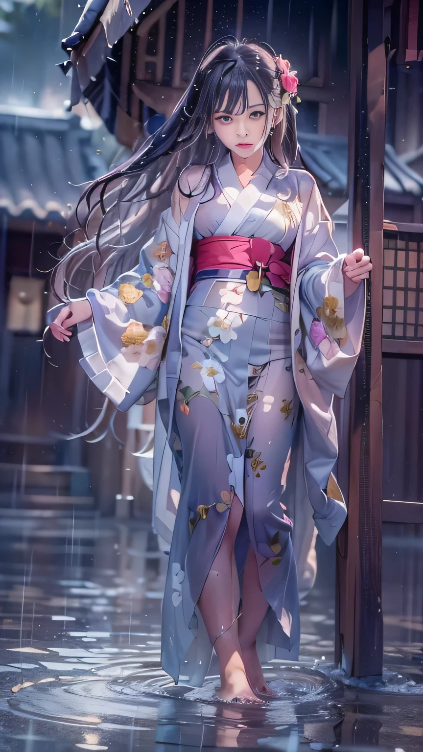 (RAW shooting:1.5, Photorealistic, 8k, Highest quality, masterpiece, Ultra-high resolution), ((Summer Night Rain)), Perfect dynamic composition:1.2, (Shrine at night in a modern city, Expressions of sadness:0.9, Tears flow:0.9, Crying with a broken heart:0.9), Highly detailed skin and facial textures:1.2, Slim office lady wet with rain:1.3, Cowboy Shot, Fair skin:1.2, Sexy beauty:1.1, Perfect Style:1.2, beautifully、aesthetic:1.1, Very beautiful face:1.2, Water droplets on the skin, (Rain dripping down on my body:1.2, Wet body:1.2, Wet Hair:1.3), (Professional kimono dressing:1.1, With a wet bouquet in hand:1.2, The correct way to wear a wet silver yukata:1.35), (Mid-chest, Bra is sheer, Chest gap), (Big eyes that exude beautiful eroticism:0.8, Adult charm:0.8, Fascinating:0.8), necklace, Earrings, bracelet,A fragile girl,,Small breasts:1.5,Cool color makeup,Wet Hair,