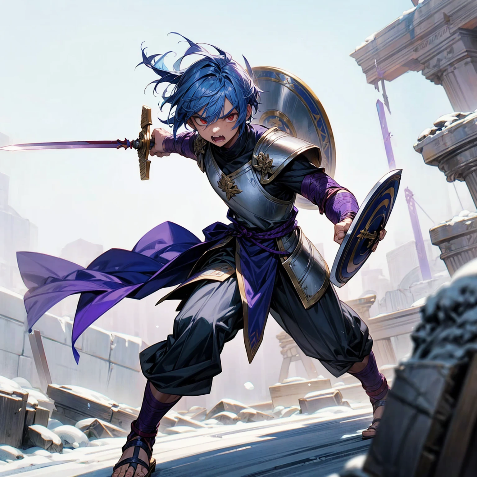 1boys orc, Full body version, red eyes, purple colour skins, angry eyes, cut hair, blue colour hair, angry expression, ancient greek clothing, gladiator sandals, Rapier sword in hand, small shield, silver armor vest, Grassroots background in snow, sunlight, sun, war gesture