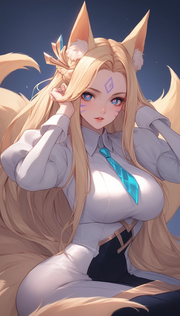 1 beautifull kitsune queen, hands behind, hairs covering ears,blonde hairs, french braid, hair hide ear, hime cut, very long hair, heart-shaped pupils, animal ears,european face, fox ears,"long orange fox ears with black tips", covering ears, kemonomimi mode,tail emanating(9 tails fox),huge tits, large hips,((fully clothed)),miku clothes, anatomically correct, traditional temple, facing viewer,action pose,solo,long hair,looking at viewer,blue eyes,large breasts,blonde hair,long sleeves,hair ornament,animal ears,sitting,parted lips,puffy sleeves,fox ears,facial mark,juliet sleeves,whisker markings,k/da \(league of legends\),sensitive,very aesthetic,absurdres,newest,masterpiece,score_9,score_8_up,score_7_up,score_6_up,score_5_up,score_4_up
