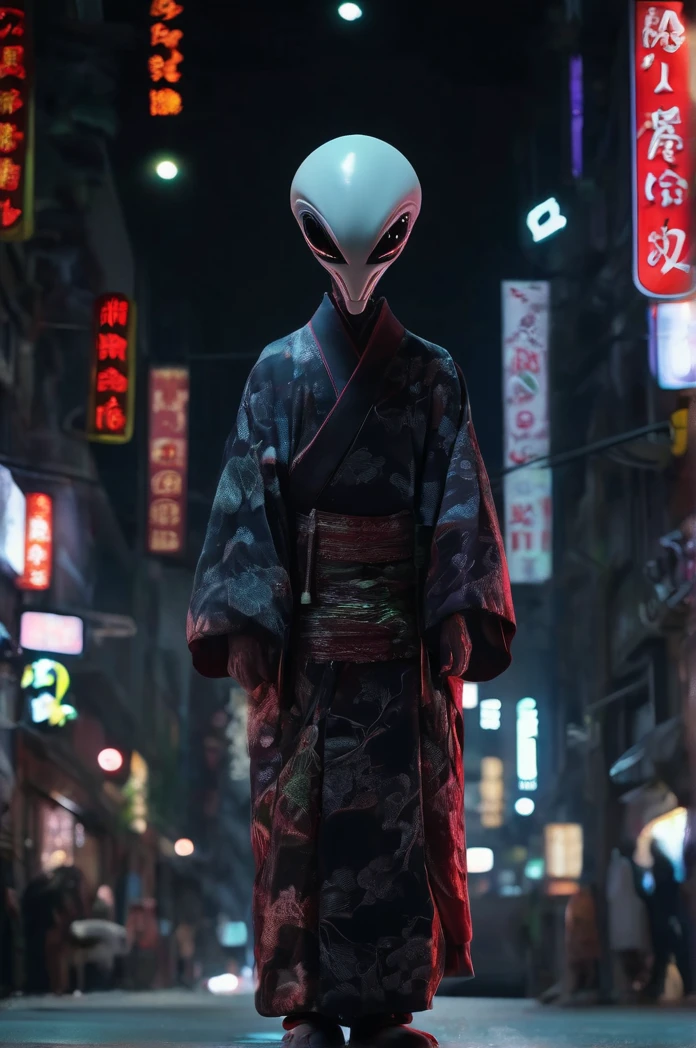8k、Ultra HD、Horror-themed movie stills,Standing eerily in the middle of the city at night、A short, skinny old man with a big head wearing a kimono、Alien head shape