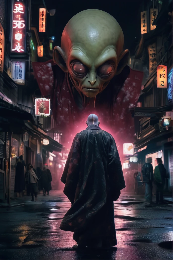 8k、Ultra HD、Horror-themed movie stills,Standing eerily in the middle of the city at night、A short, skinny old man with a big head wearing a kimono、Alien head shape