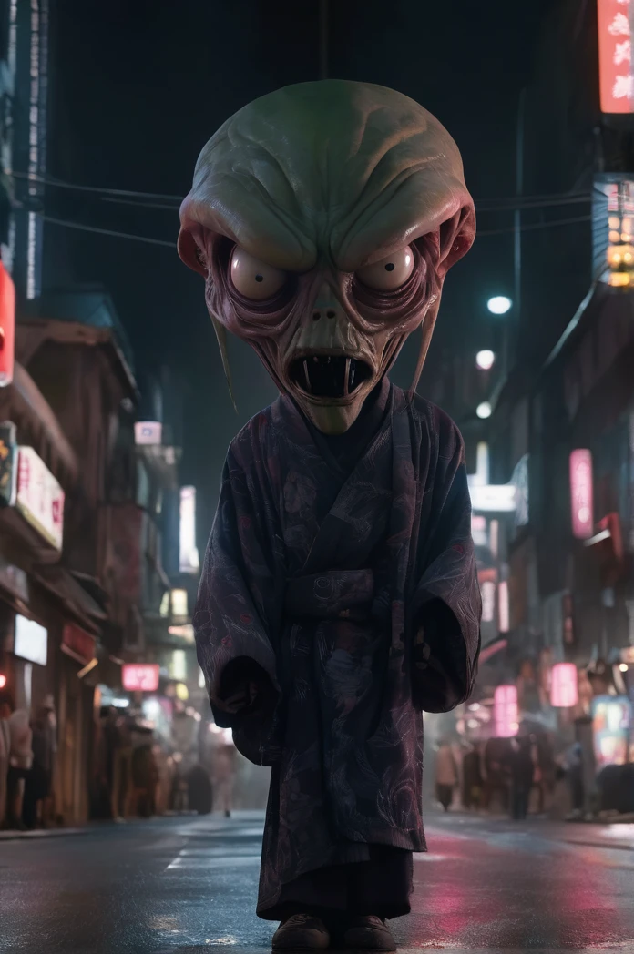 8k、Ultra HD、Horror-themed movie stills,Standing eerily in the middle of the city at night、A short, skinny old man with a big head wearing a kimono、Alien head shape