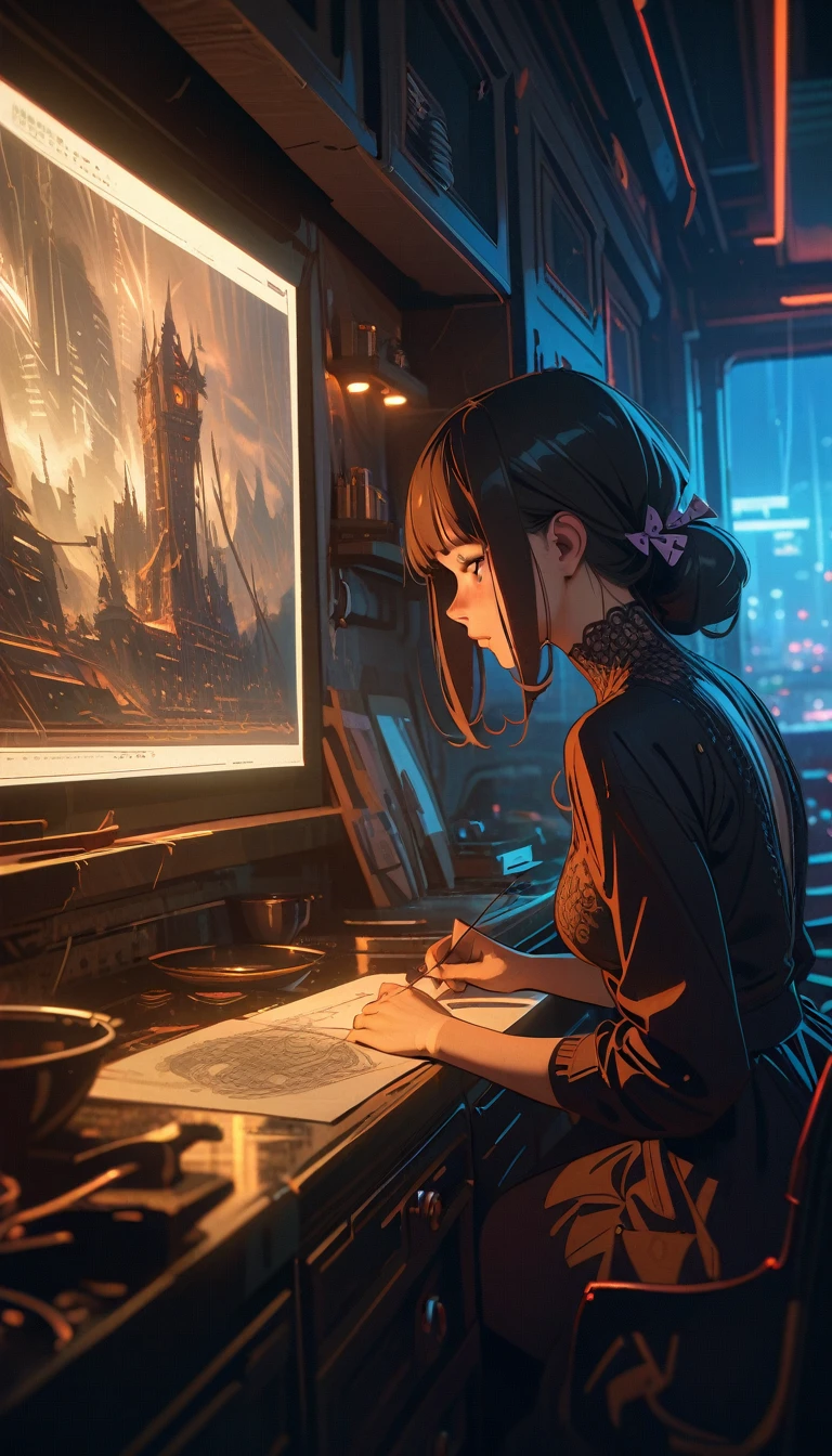 ((best quality)) , ((masterpiece)) , (detailed),designed by ilya kuvshinov, giuseppe dangelico pino, Michael Garmash, rob rey and disney, digital art, (Woman:1.1) , wearing Lace Shuka, Best quality, Thunderstorm, blueprint, kitchen scenes, subdued tones, symbolist, intricate ironwork, unpredictable results, German Impressionism, drawing, cityscape, sci-fi, highly intricate, illustrious, detailed, delicate, fine polished,(((Lots of bows and arrows)))