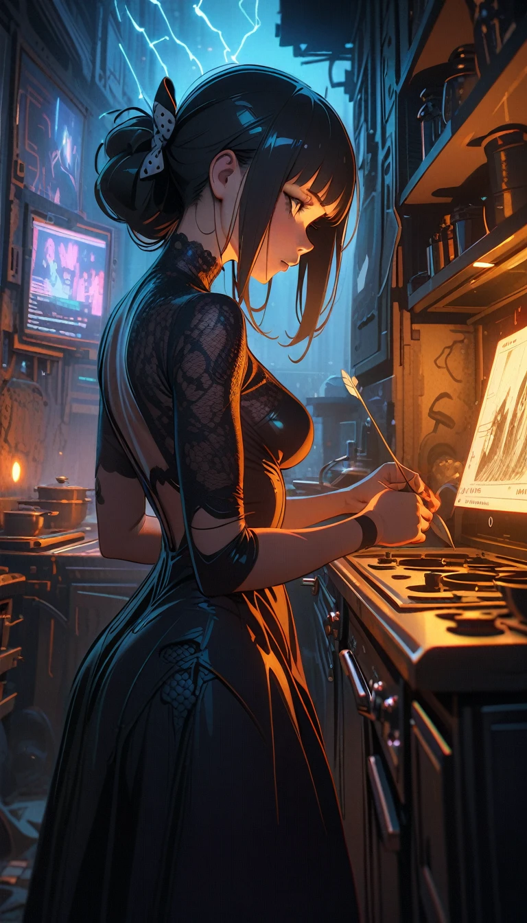 ((best quality)) , ((masterpiece)) , (detailed)，designed by ilya kuvshinov, giuseppe dangelico pino, Michael Garmash, rob rey and disney, digital art, (Woman:1.1) , wearing Lace Shuka, Best quality, Thunderstorm, blueprint, kitchen scenes, subdued tones, symbolist, intricate ironwork, unpredictable results, German Impressionism, drawing, cityscape, sci-fi, highly intricate, illustrious, detailed, delicate, fine polished,(((Lots of bows and arrows)))