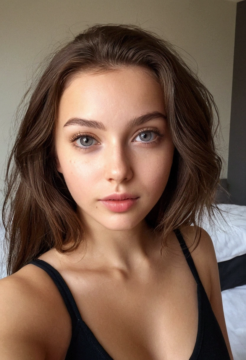arafed femme pleinement , fille sexy grosse poitrine aux yeux marrons, Ultra réaliste, minutieusement détaillé, portrait sophie mudd, cheveux bruns et grands yeux, selfie d'une jeune femme, yeux de la chambre, violette myers, sans maquillage, maquillage naturel, regarder directement la caméra, visage avec artgram, maquillage subtil, superbe photo de tout le corps à genoux sur le lit, dans la chambre, buste de taille moyenne à grande