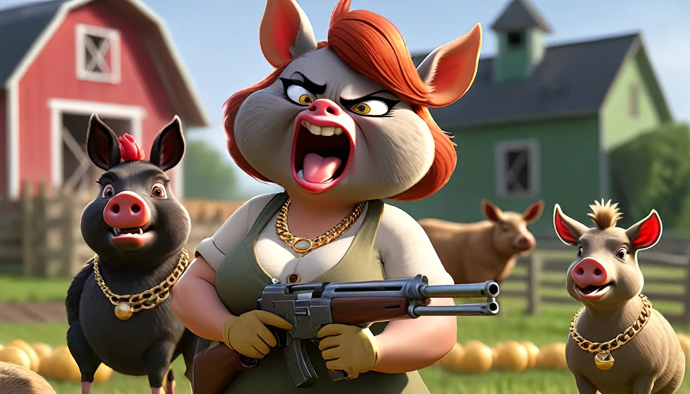 An angry hen with a pistol in her hand is coming towards the camera. Beside her, on the right, is a fat pig with gold necklaces, sunglasses, a cigarette, and a shotgun. On the left, a laughing donkey in a basketball suit holds an AK-47. They are on a farm, surrounded
