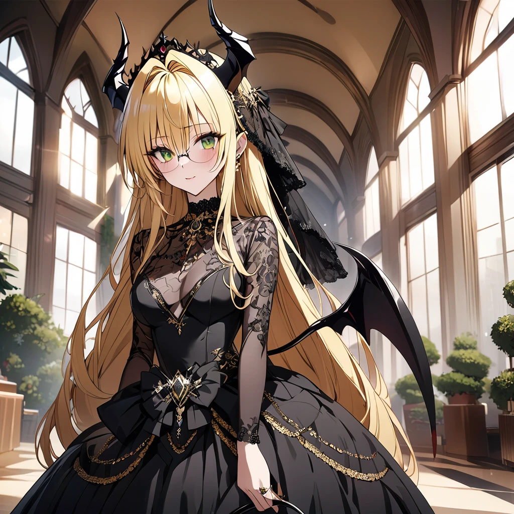 ((Highest quality)), ((masterpiece)), (detailed), (Perfect Face)、The woman was a beautiful, jet-black archdemon with jet-black skin, the evil queen of the demon world, Devil Queen Tiare, with green eyes, blonde medium-long hair, a gorgeous black wedding dress with gold embroidery and trim, a black wedding veil, an engagement ring, and luxurious accessories, and was a beautiful, elegant archdemon, the Demon Queen, lavishly decorated and jeweled.、A beautiful, jet-black-skinned demon with magnificent devil horns, devil wings, and a devil tail.