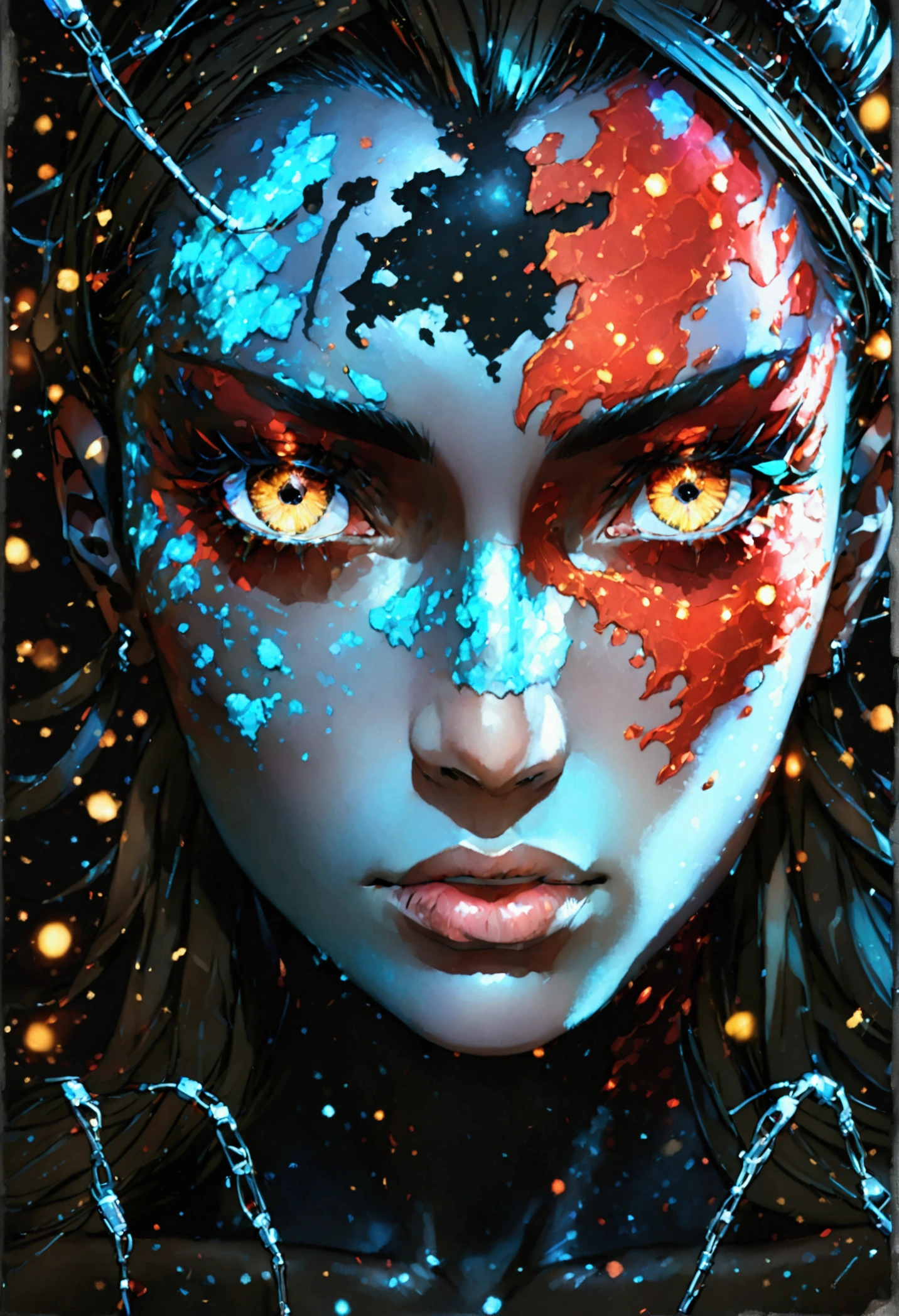 PORTRAIT, only face portrait, macro, aN ANGRY FACE red demon valkyrie next to a black spider portrait, scarface red skin with light and glitter, long black hair with red skulls on hair, shiny and lightening eyes, cosmos eyes, next to a black spider, highly detailed fur (vectorized) yellow lightening eyes, detailed skin, image is compelling with dynamic composition and dark posing. Include many fantasy details such as bumps, phantasmal iridescence, glitter, galaxy, cosmos, fire, ((dark celestialskin hell body, void cosmic body)), (((dark background))), (((lights off))), (((hollywood dark))), horror, dramatic shadows, (in a dark fantasy space:1.3, glitter, sparkle, gleam) vector digital illustration, (black background:1.5)sharp