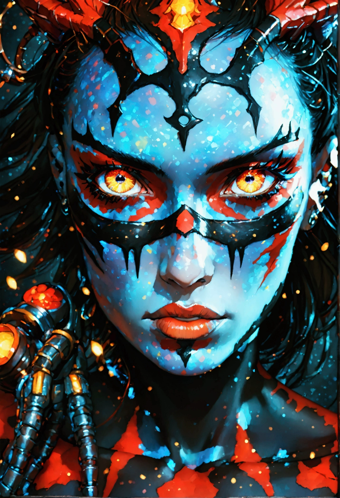 PORTRAIT, only face portrait, macro, aN ANGRY FACE red demon valkyrie next to a black spider portrait, scarface red skin with light and glitter, long black hair with red skulls on hair, shiny and lightening eyes, cosmos eyes, next to a black spider, highly detailed fur (vectorized) yellow lightening eyes, detailed skin, image is compelling with dynamic composition and dark posing. Include many fantasy details such as bumps, phantasmal iridescence, glitter, galaxy, cosmos, fire, ((dark celestialskin hell body, void cosmic body)), (((dark background))), (((lights off))), (((hollywood dark))), horror, dramatic shadows, (in a dark fantasy space:1.3, glitter, sparkle, gleam) vector digital illustration, (black background:1.5)sharp