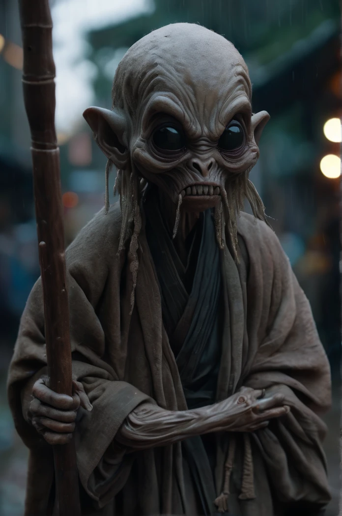 8k、Ultra HD、Horror-themed movie stills,夜の町の中央にCreepyに立っている、A short, skinny, big-headed, bald old man wearing a kimono、Alien head shape、Carrying a walking stick、Shallow depth of field, Vignette, Very detailed, High budget, Bokeh, CinemaScope, Sulky, amazing, nice, Film Grain, granular . Creepy, Anxious, dark, Creepyな, Suspenseful, strict, Very detailed
