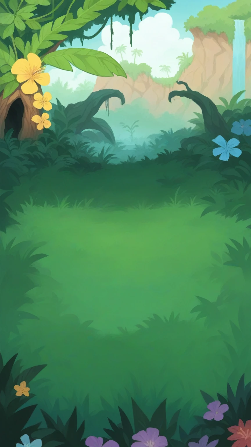 There is a cartoon scene,The jungle is full of bananas and flowers, mobile Game Background, background technology, 2D Game Art Background, Elf forest background, 2d Game Background, background technologywork, Mobile game art, Game Background, Magic battlefield background, Background Jungle, Magical forest background, Cave Background, Magical forest background, Covered with shiny spots,,Gravel on the ground,Fallen leaves on the ground,