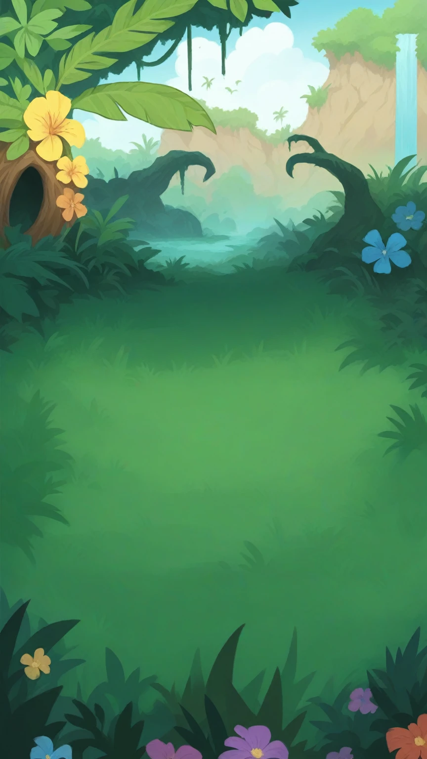 There is a cartoon scene，The jungle is full of bananas and flowers, mobile Game Background, background technology, 2D Game Art Background, Elf forest background, 2d Game Background, background technologywork, Mobile game art, Game Background, Magic battlefield background, Background Jungle, Magical forest background, Cave Background, Magical forest background, Covered with shiny spots,，Gravel on the ground，Fallen leaves on the ground，