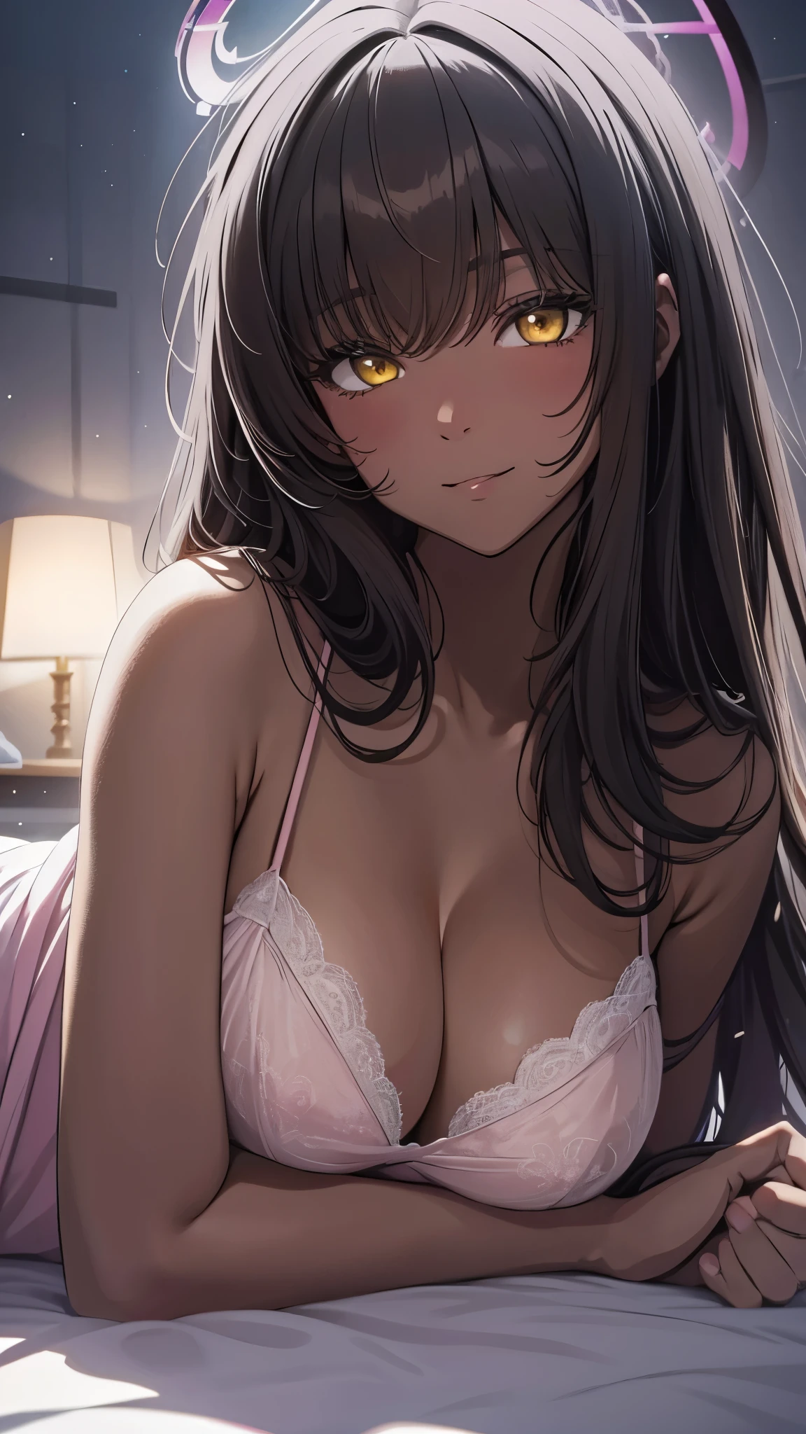 Masterpiece, best quality, UHD night background, long black hair, halo, bangs, yellow eyes, (( pink negligee )), big tits, see through nipples, blushing, little smile, lying down, face close-up, night, midnight, condoms