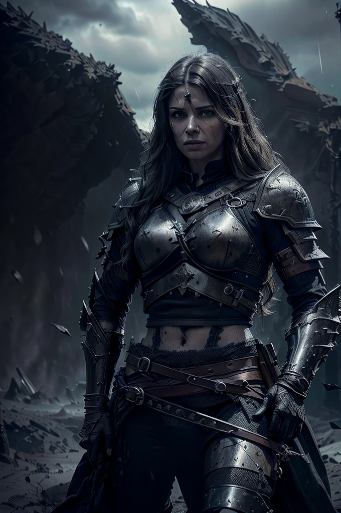 a powerful warrior, sharp facial features, long wavy hair, determined expression, leather armor, medieval fantasy environment, moody lighting, dramatic atmosphere, cinematic composition, muted color palette, (best quality,4k,8k,highres,masterpiece:1.2),ultra-detailed,(realistic,photorealistic,photo-realistic:1.37),concept art